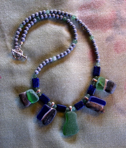 Seaglass and stone mosaic pendants, gray feldspar, jade and lapis lazuli beads and silver findings. 21" $60